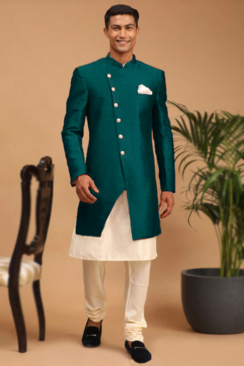 Dupion Silk Cream Beige Jacket Style Men's Kurta Churidar 