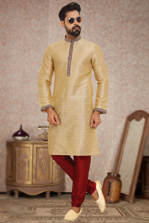 Dupion Silk Cream Beige Men's Kurta With Churidar