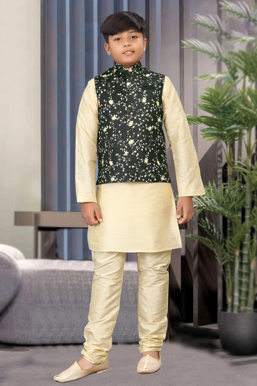 Dupion Silk Cream Beige Plain Jacket Style Boy's Kurta Churidar 