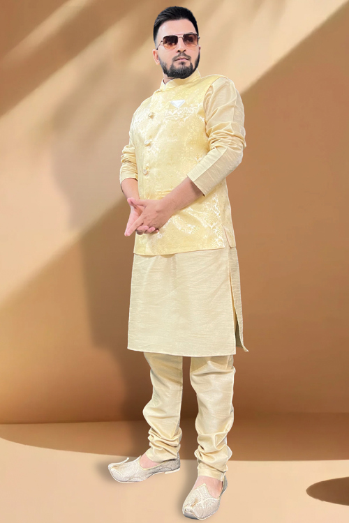 Dupion Silk Cream Color Plain Jacket Style Mens Kurta Churidar