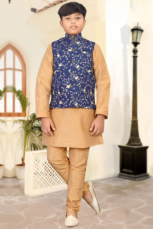 Dupion Silk Dark Beige Plain Jacket Style Boy's Kurta Pajama 