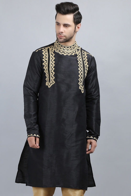 Dupion Silk Dark Black Men's Embroidered Kurta