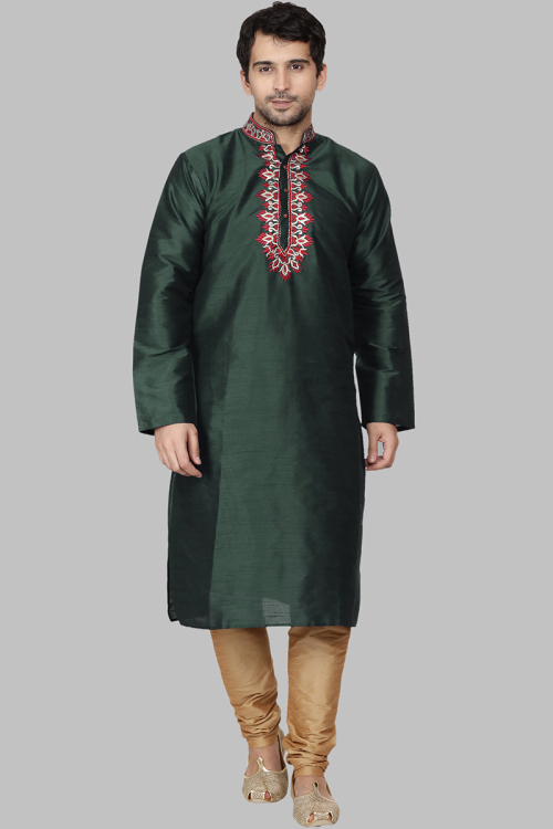 Dupion Silk Dark Green Embroidered Men's Kurta Churidar