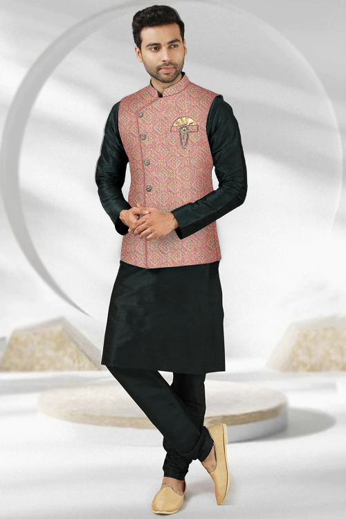 Dupion Silk Dark Green Men&#039;s Kurta Churidar With Embroidered Jacket