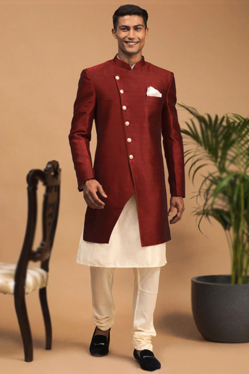 Dupion Silk Deep Red Jacket Style Men's Kurta Churidar 