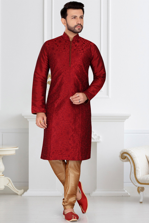 Dupion Silk Deep Red Resham Embroidered Men's Kurta Churidar