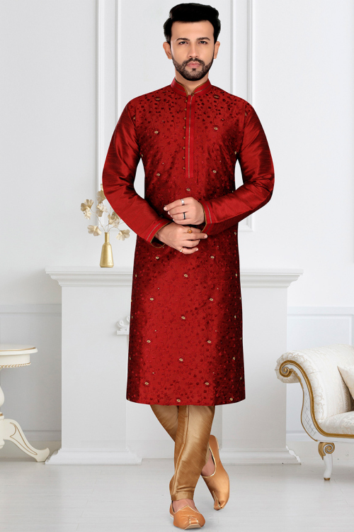 Dupion Silk Deep Red Resham Embroidered Men's Kurta Pajama
