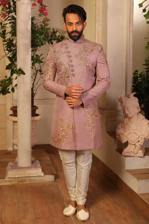 Dupion Silk Designer Sherwani In Dusty Pink Colour