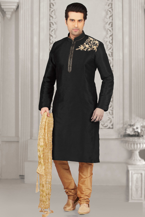 Dupion Silk Embroidered Black Men's Kurta Churidar