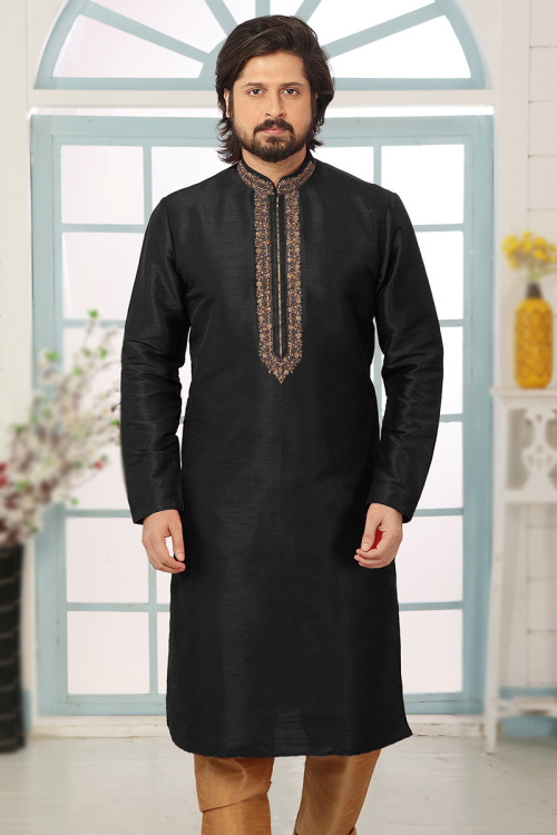 Dupion Silk Embroidered Black Straight Cut Men's Kurta 
