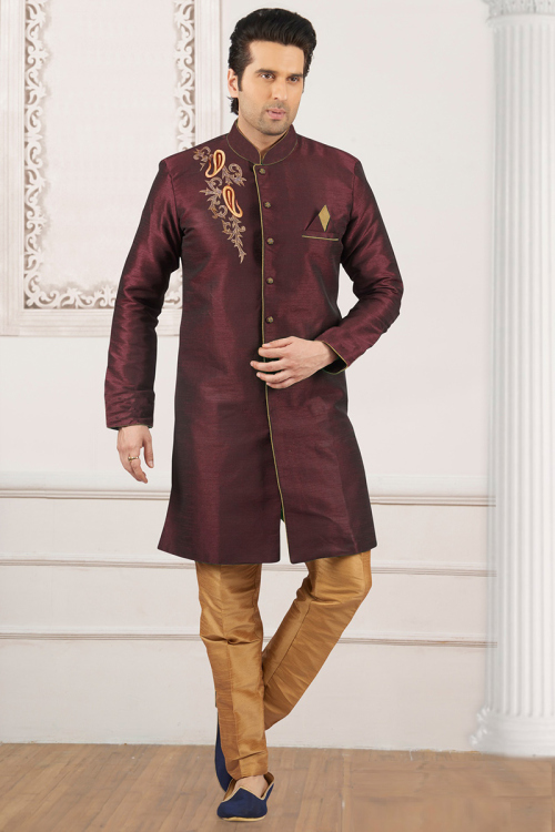 Dupion Silk Embroidered Burgundy Maroon Men's Sherwani 