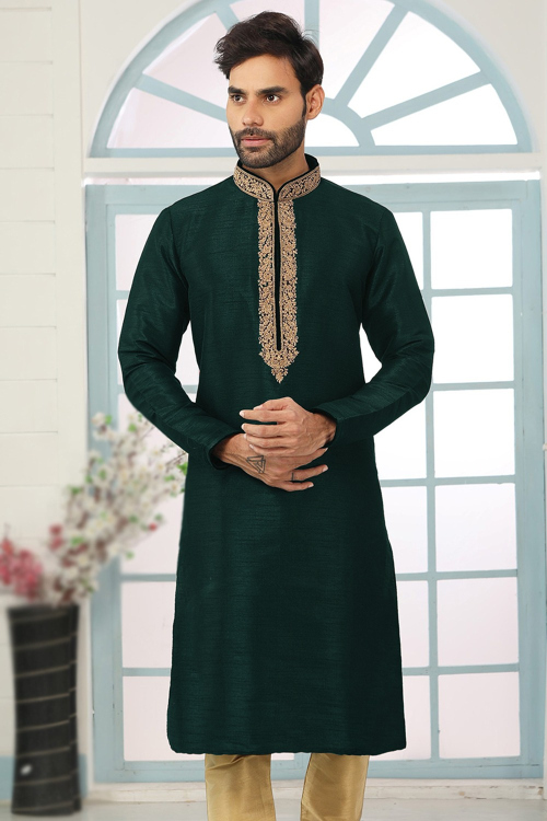 Dupion Silk Embroidered Dark Green Straight Cut Men's Kurta