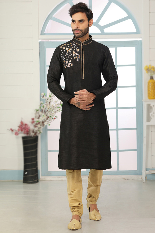 Dupion Silk Embroidered Men's Black Kurta Churidar