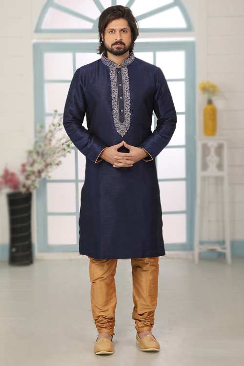 Dupion Silk Embroidered Navy Blue Men's Kurta Churidar 