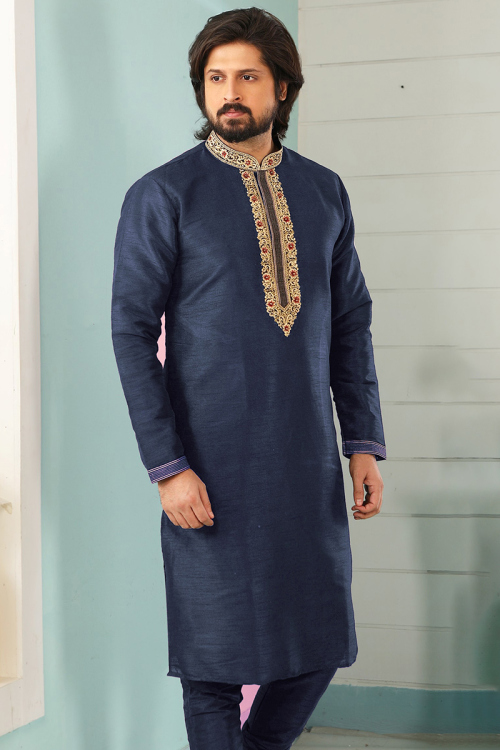 Dupion Silk Embroidered Navy Blue Straight Cut Men's Kurta