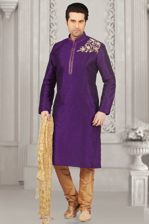 Dupion Silk Embroidered Plum Purple Men's Kurta Churidar
