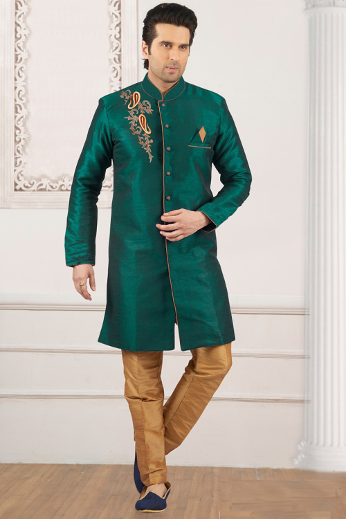 Dupion Silk Embroidered Teal Green Men's Sherwani 