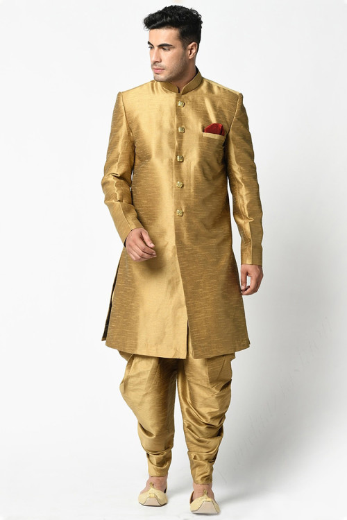 Dupion Silk Gold Eid Wear Men Sherwani