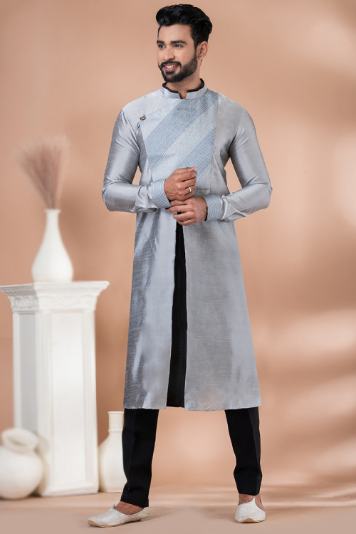 Dupion Silk Grey Straight Cut Men's Kurta Pajama With Lace