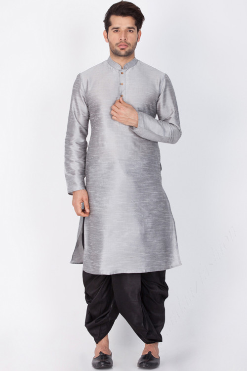 Dupion Silk Indian Kurta Dhoti In Grey Color