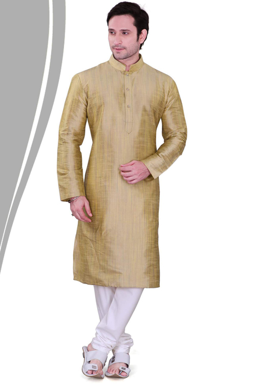 Dupion Silk Light Beige Men's Straight Cut Kurta with Churidar