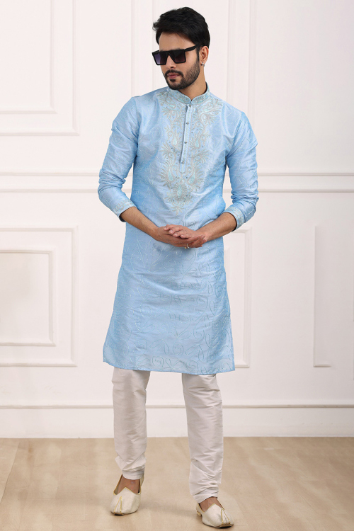 Dupion Silk Light Blue Embroidered Straight Cut Men's Kurta Pajama