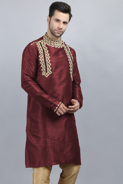 Dupion Silk Light Maroon Dori Embroidered Men's Kurta