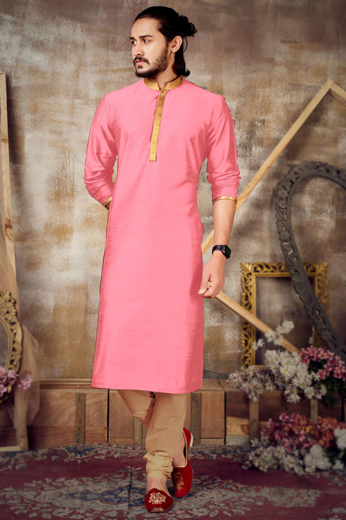 Dupion Silk Light Pink Weaved Lace Men's Kurta Churidar