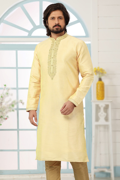 Dupion Silk Light Yellow Embroidered Straight Cut Men's Kurta