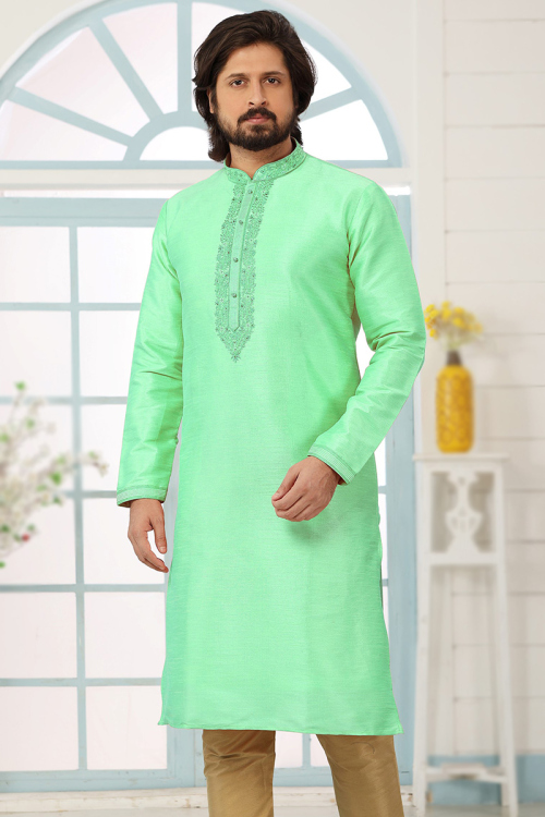 Dupion Silk Mint Green Embroidered Straight Cut Men's Kurta
