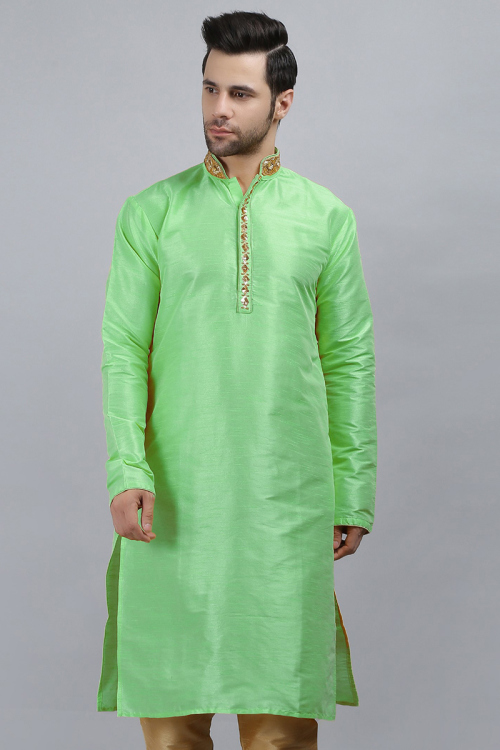 Dupion Silk Mint Green Patch Embroidered Men's Kurta