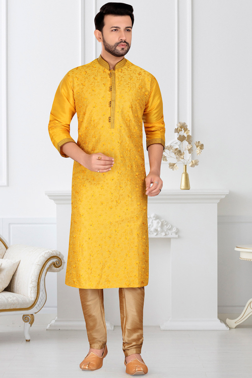Dupion Silk Mustard Yellow Embroidered Men's Kurta Pajama