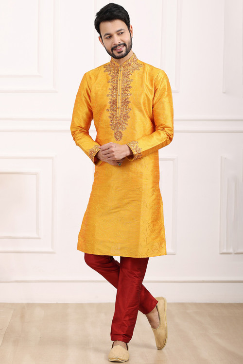 Buy Side Slit Haldi Silk Kurta Pajama Online for Men in USA