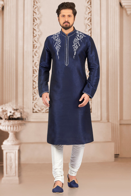 Dupion Silk Navy Blue Embroidered Men's Kurta Churidar