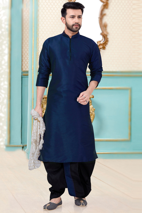 Dupion Silk Navy Blue Men Kurta With Dhoti
