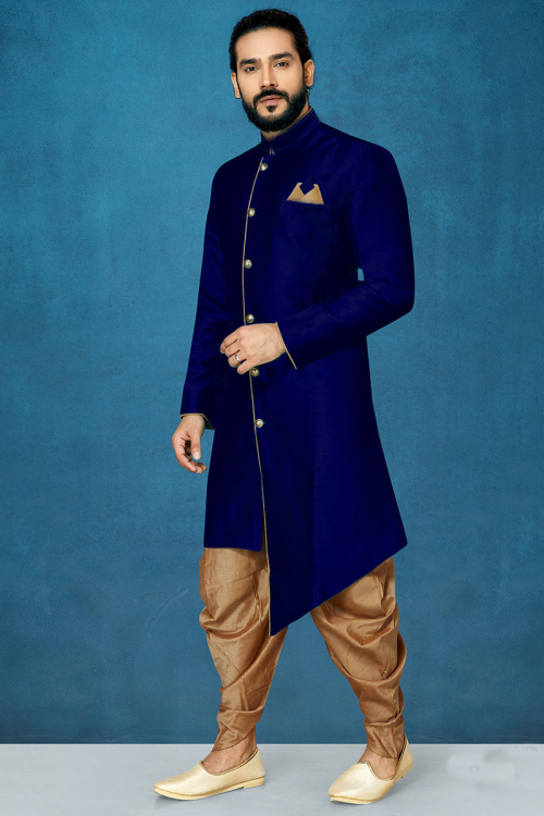 Navy Blue Dupion Silk Asymmetrical Men's Sherwani for Weddings