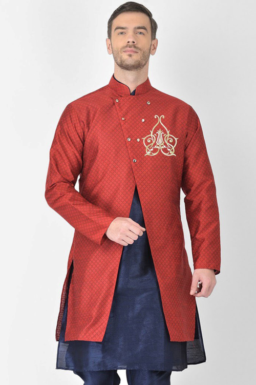 Dupion Silk Navy Blue Plain Men's Kurta With Embroidered Jacket