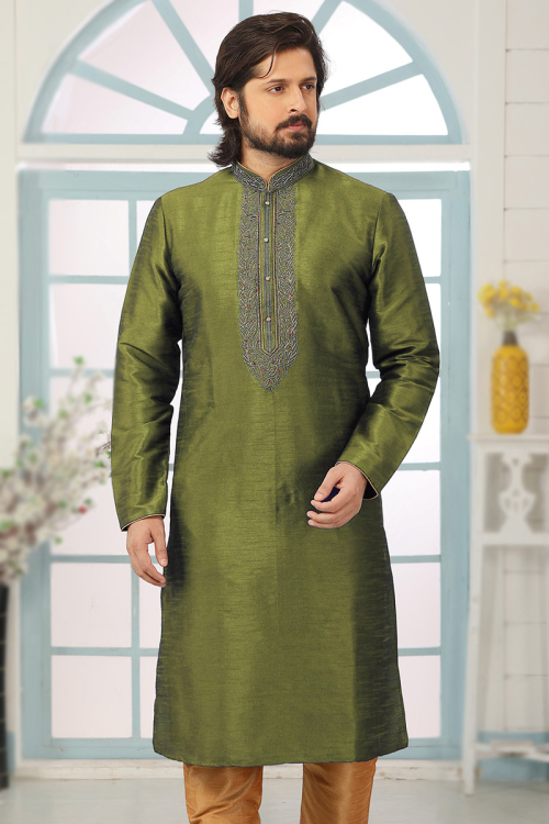 Dupion Silk Olive Green Embroidered Straight Cut Men's Kurta