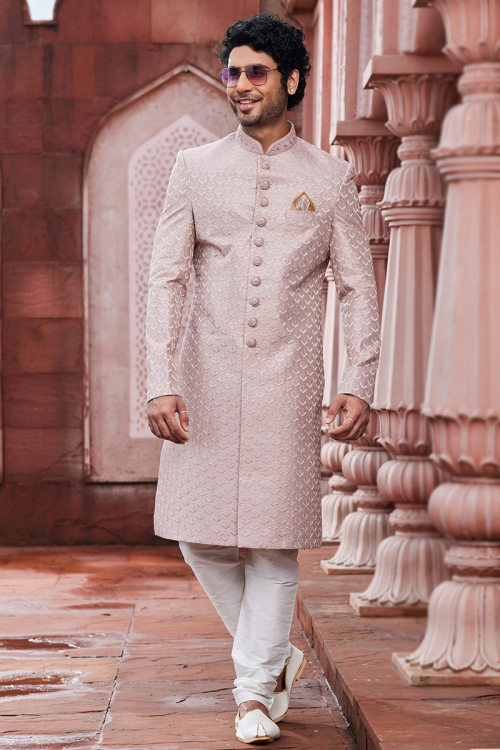 Dupion Silk Pale Pink Resham Embroidered Achkan Style Men's Sherwani 