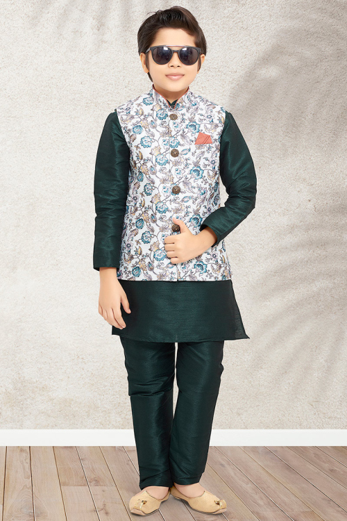 Dupion Silk Plain Black Jacket Style Boy's Kurta Pajama 
