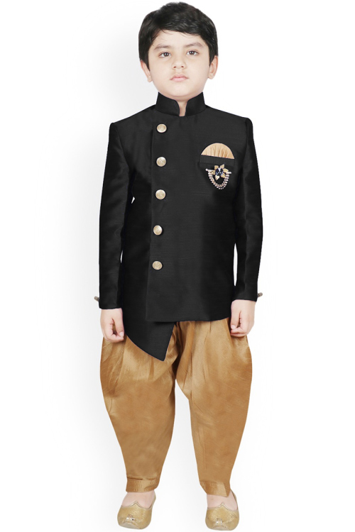 Dupion Silk Plain Black Boy's Sherwani