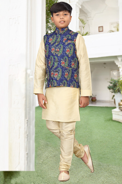Dupion Silk Plain Cream Beige Jacket Style Boy's Kurta Churidar 