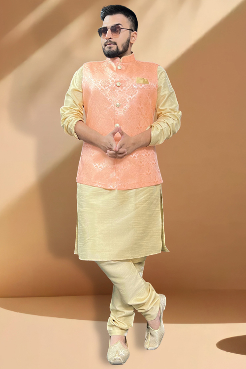 Elegant Dupion Silk Cream Men's Kurta Churidar with Jacket Style