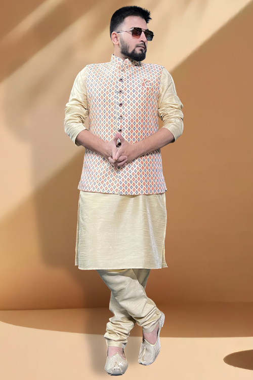 Traditional Dupion Silk Cream Jacket Style Men's Kurta Churidar