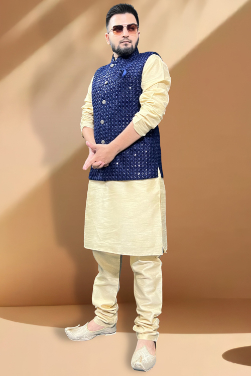 Cream Dupion Silk Jacket Style Traditional Kurta Churidar Set