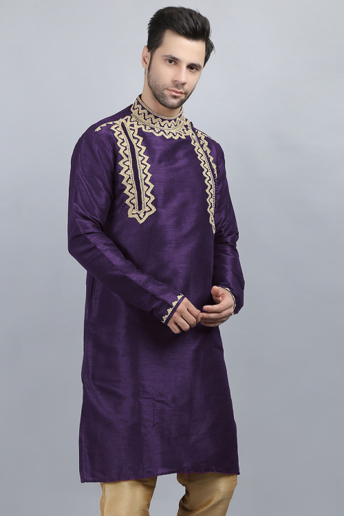 Dupion Silk Purple Embroidered Men's Kurta