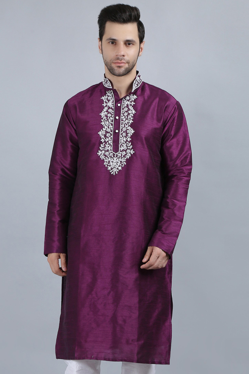 Dupion Silk Purple Color Embroidered Kurta for Men