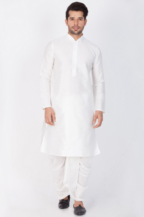 Dupion Silk Ready Made Kurta Dhoti In White Color For Eid