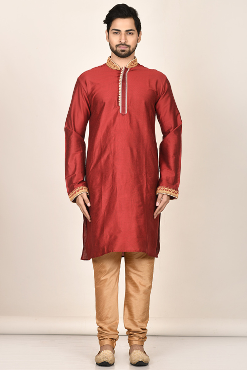 Dupion Silk Red Men Kurta with Churidar