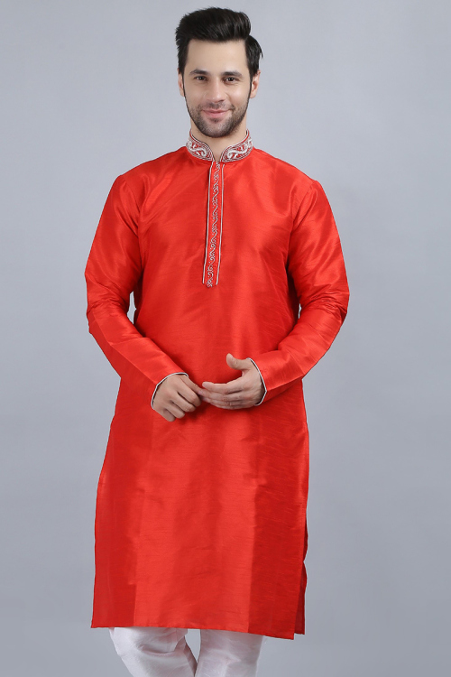 Dupion Silk Red Men's Embroidered Kurta